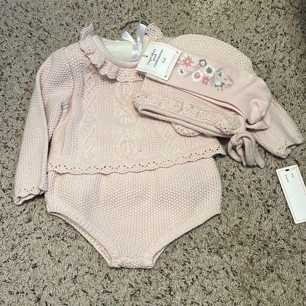 Beautiful sweater set with matching bonnet and knee socks.